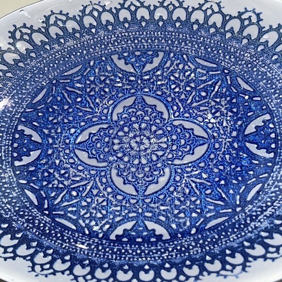 Sapphire Blue Hand Painted Glass Raised Relief Oval Bowl - Picture 7 of 8